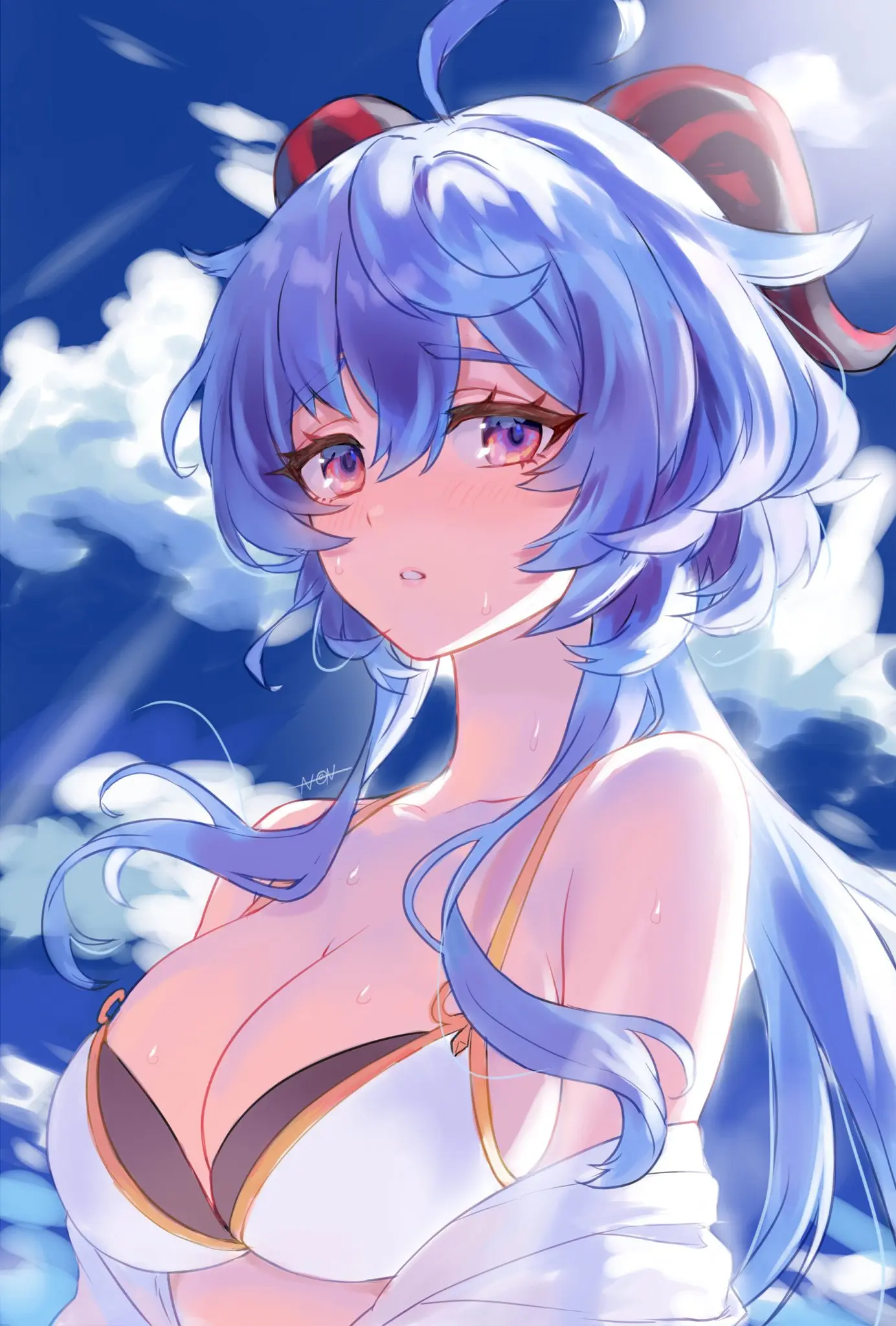 Nữ nhân vật anime mặc đồ bơi dưới ánh nắng xanh
