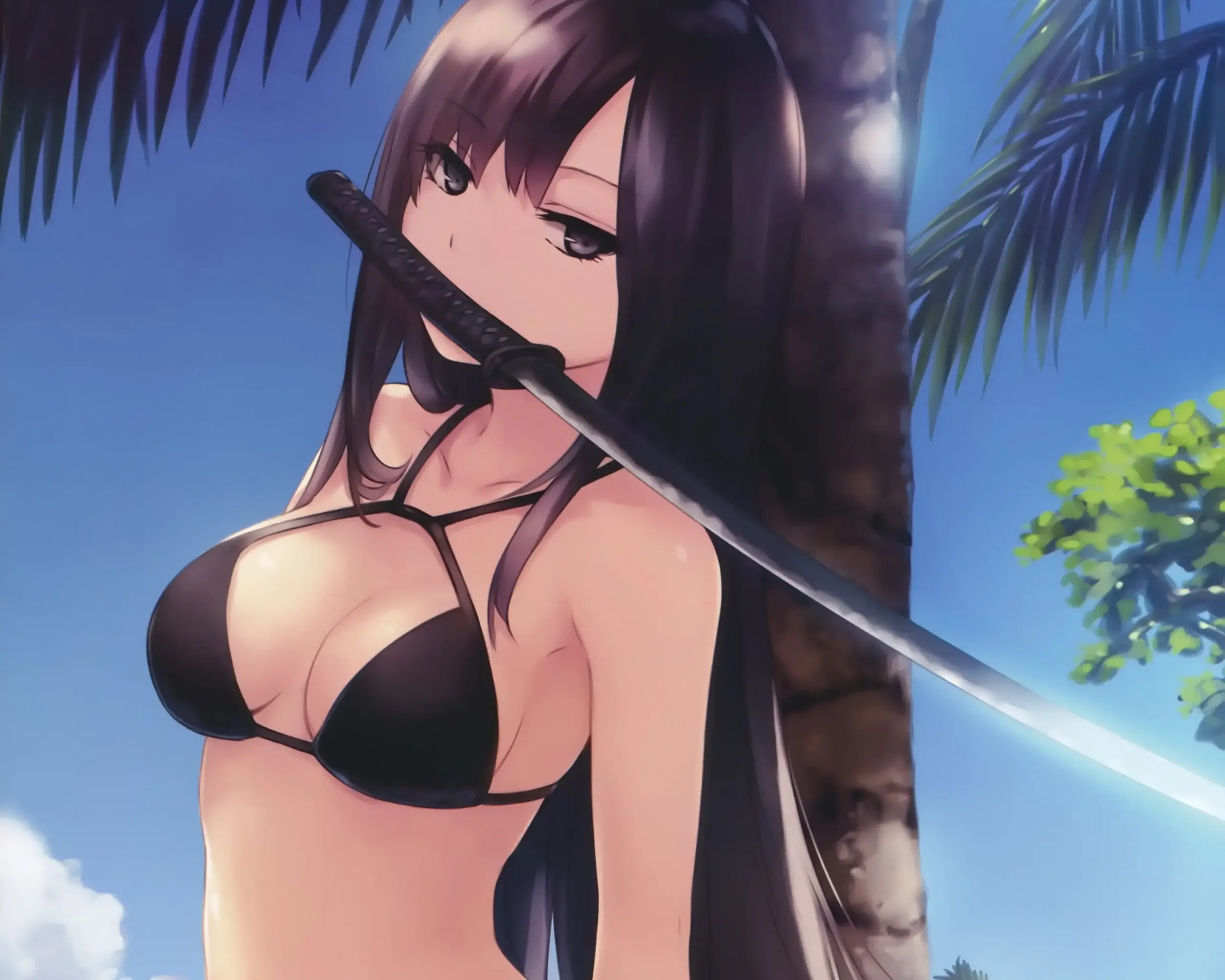 Nữ nhân vật anime mặc đồ bơi kiếm nhật bên cây dừa