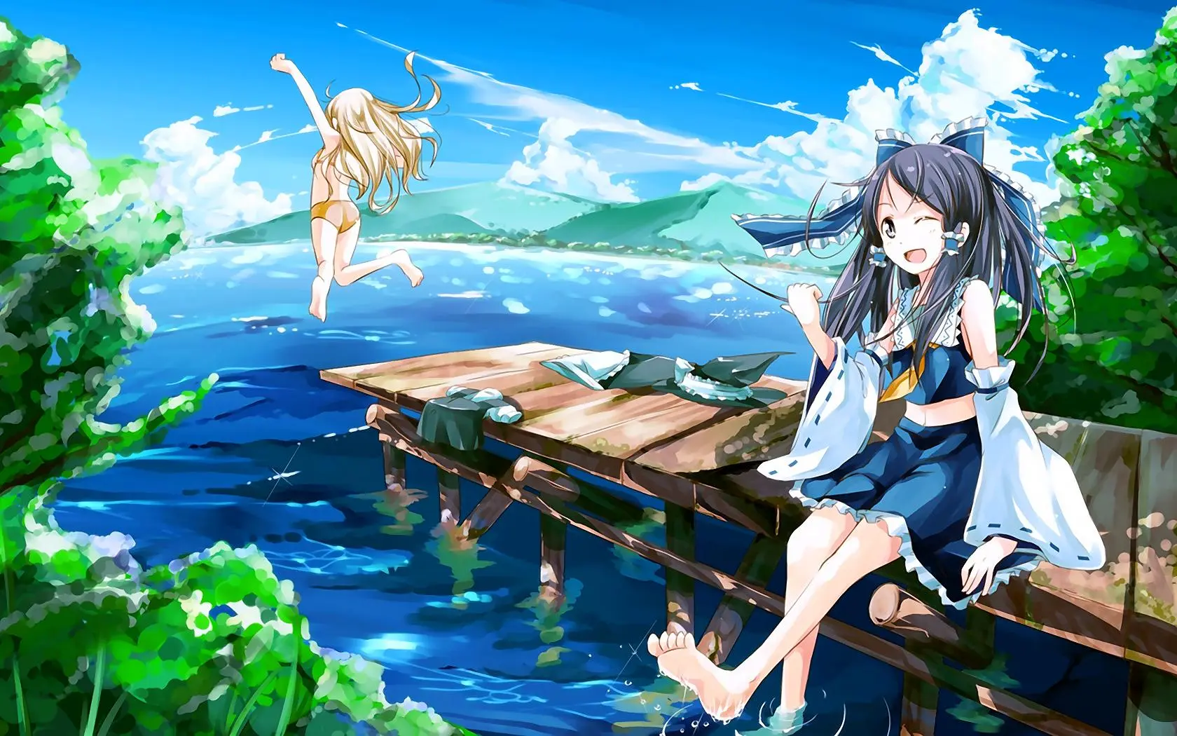 Nữ nhân vật anime vui đùa bên hồ bơi mặc swimsuit
