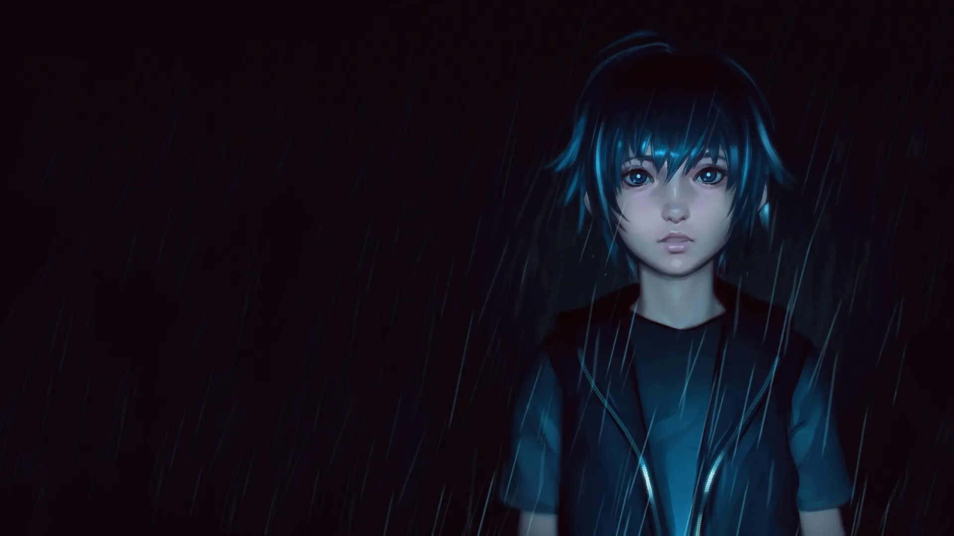 Nữ sinh anime buồn bã dưới mưa đêm tối