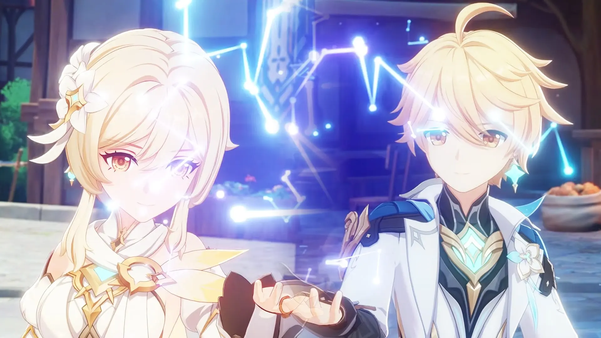 Paimon và aether khám phá thế giới teyvat anime genshin impact