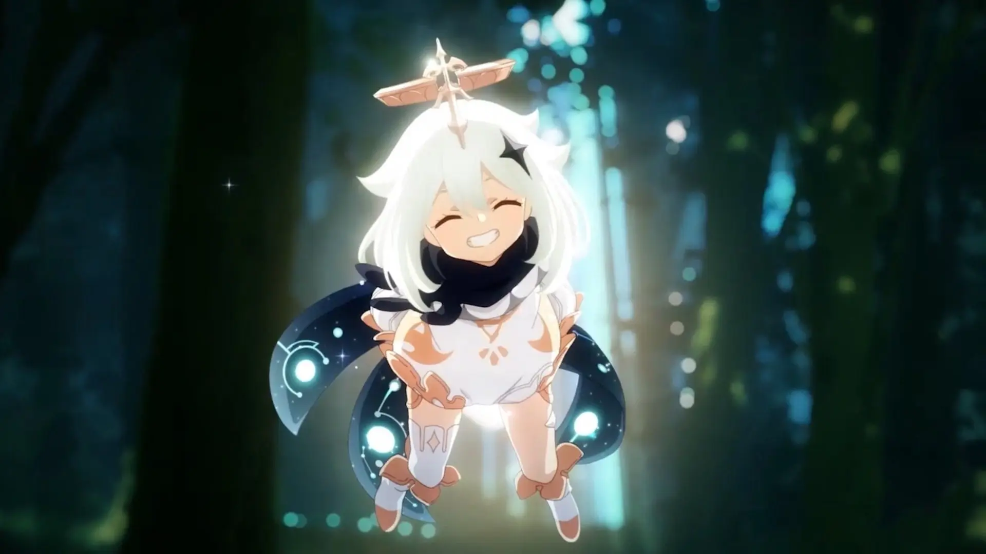 Paimon vui đùa trong rừng teyvat anime genshin impact