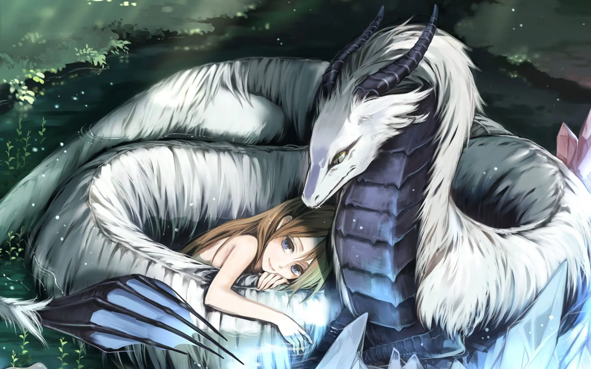 Rồng anime bảo vệ cô gái trong hang động pha lê