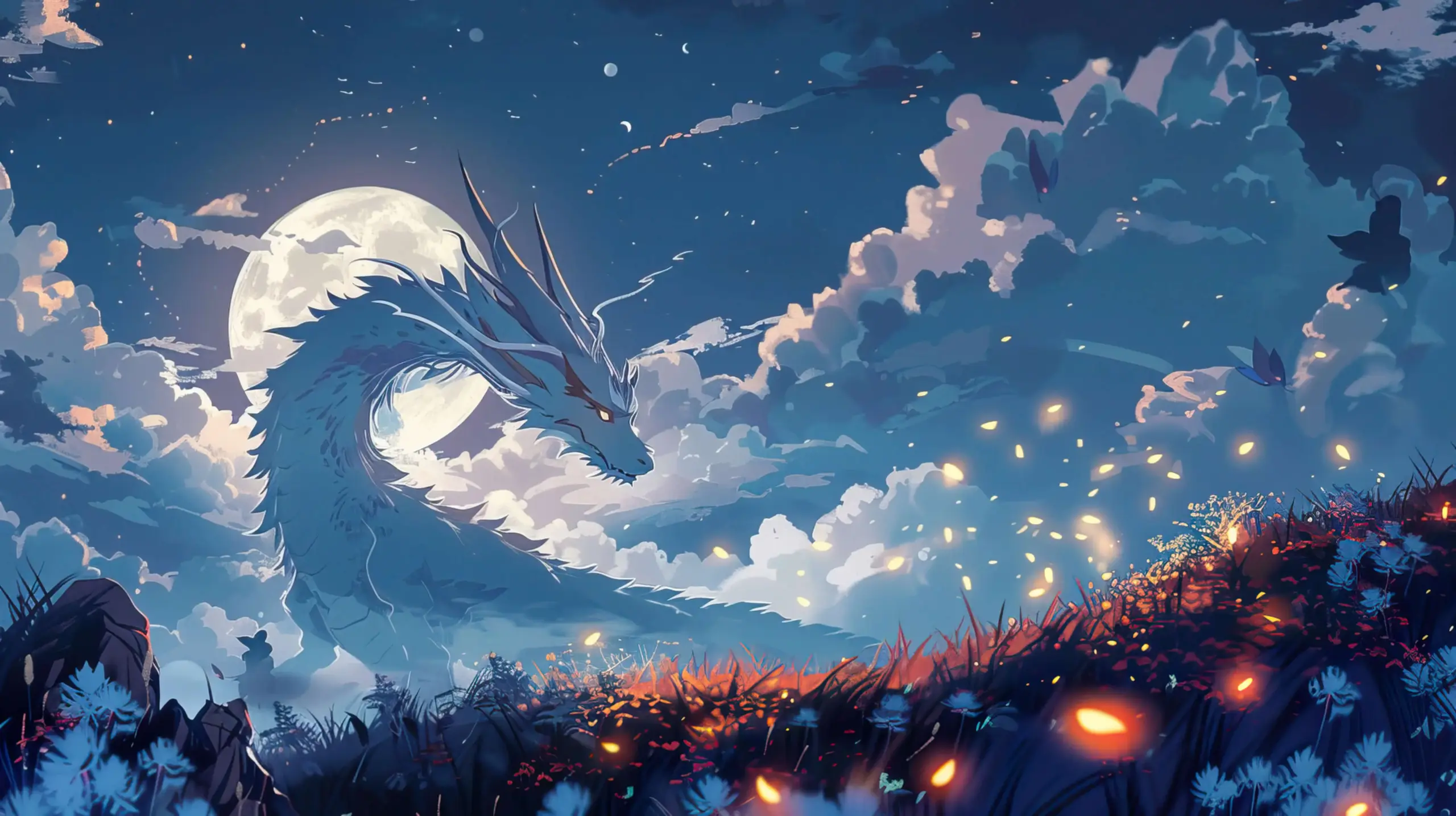Rồng anime bay lượn dưới ánh trăng huyền ảo