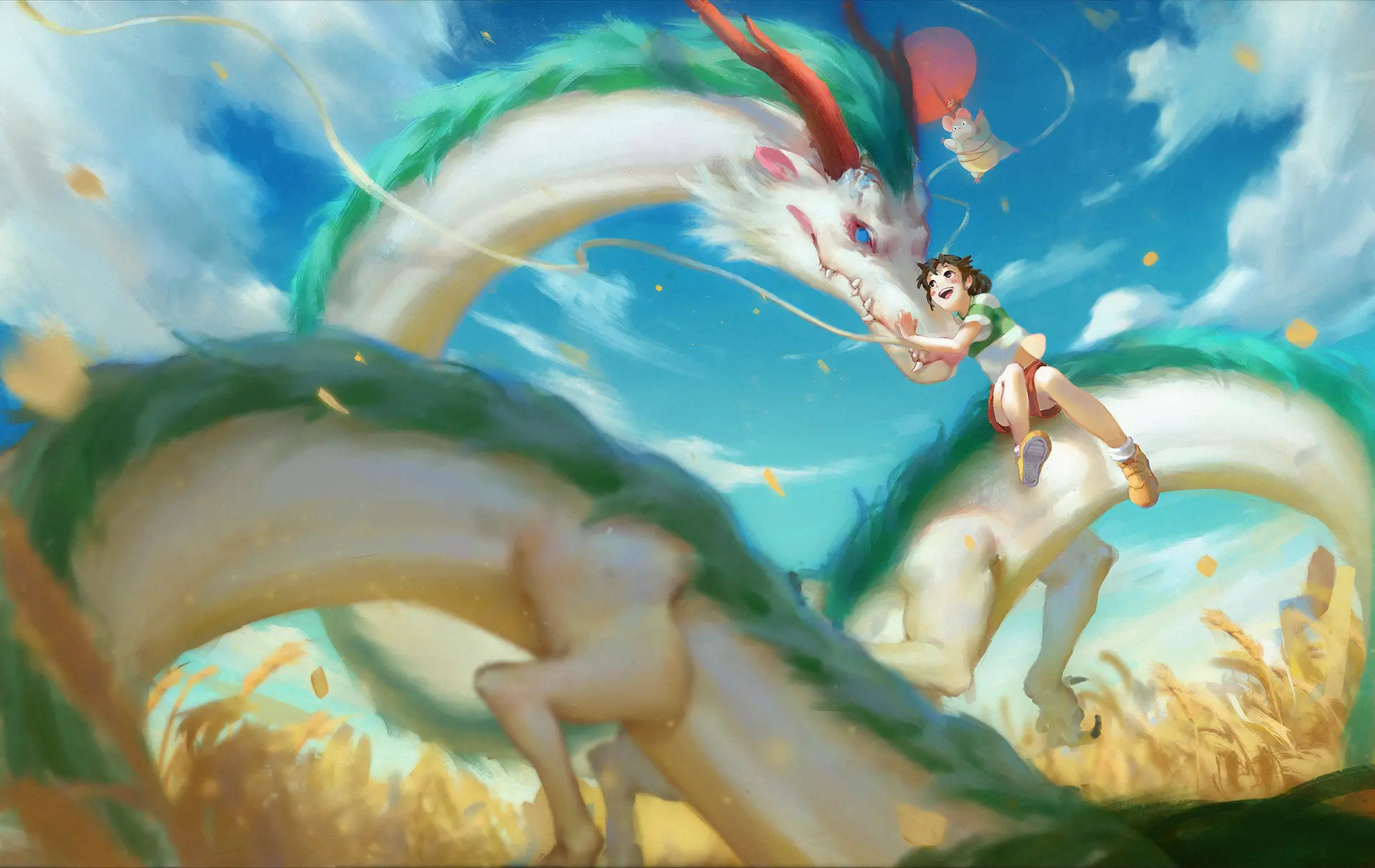 Rồng anime bay lượn trên bầu trời xanh thẳm cùng thiếu nhi