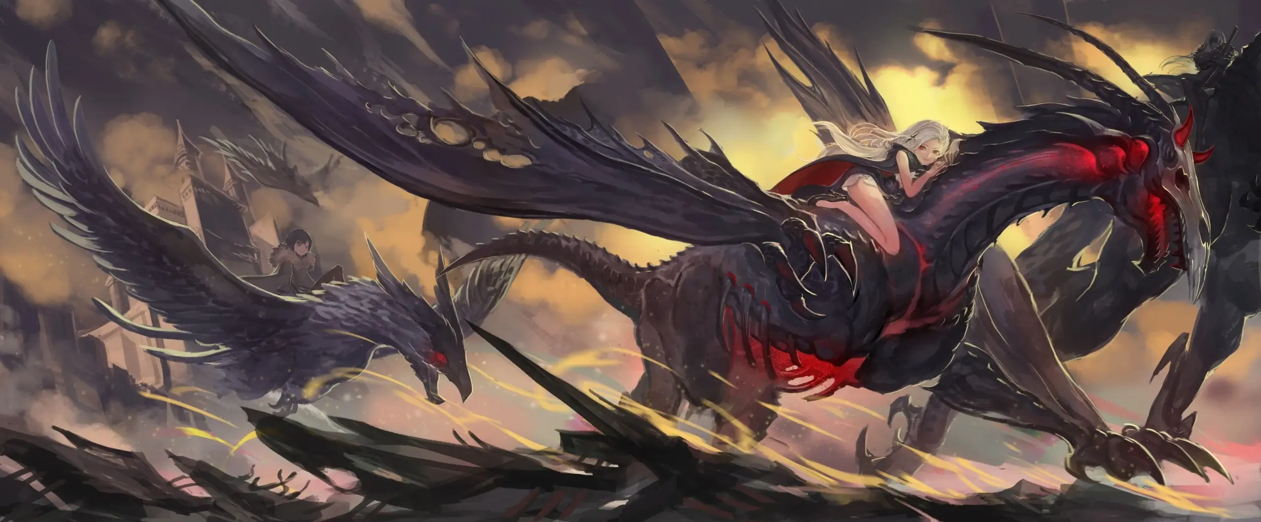 Rồng anime bay lượn trên thành phố cổ kính