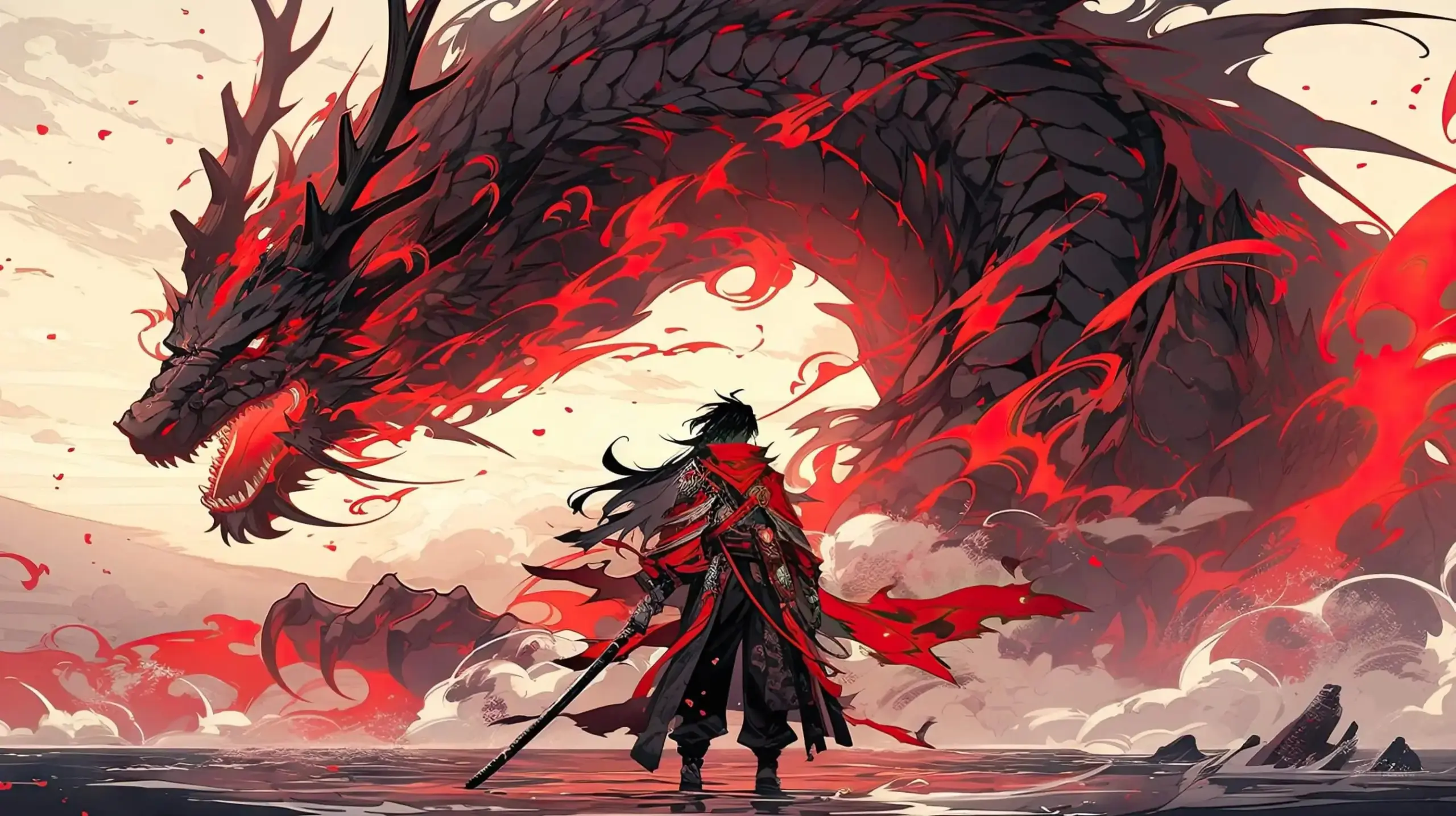 Rồng anime hùng vĩ với chiến binh dưới ánh nắng đỏ rực