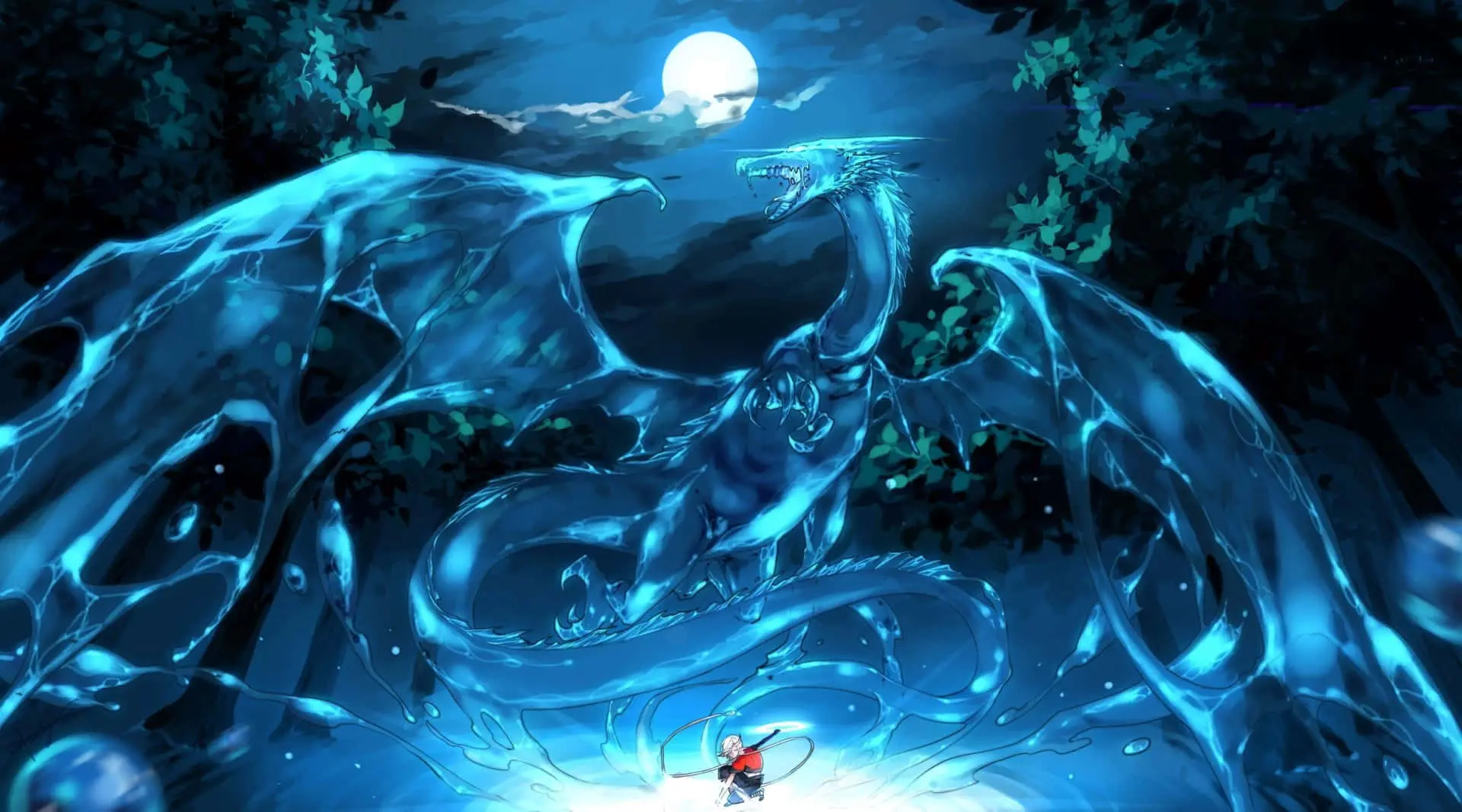 Rồng anime huyền áo dưới ánh trăng xanh thẳm