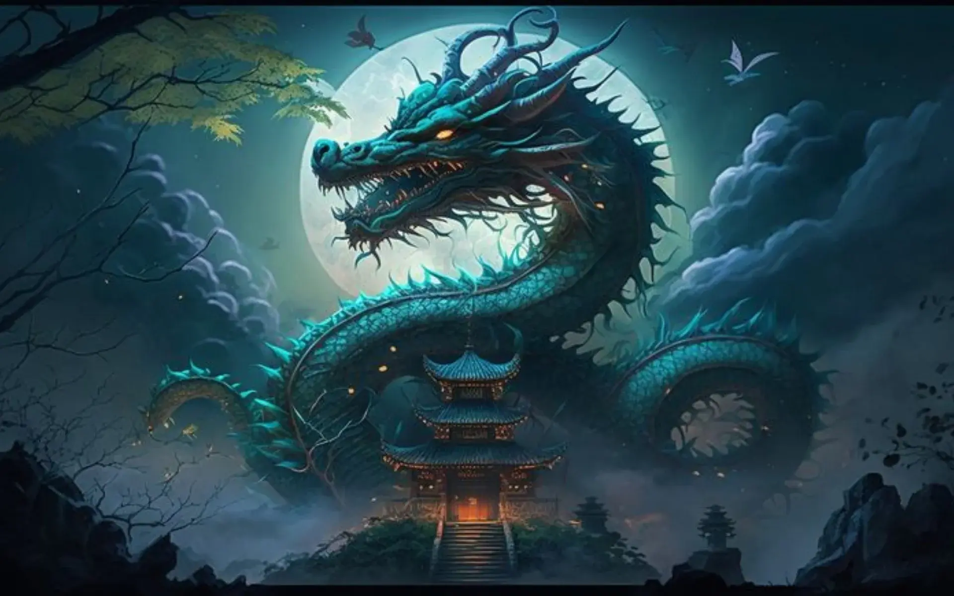 Rồng anime huyền bí bên ngôi chùa cổ kính dưới ánh trăng