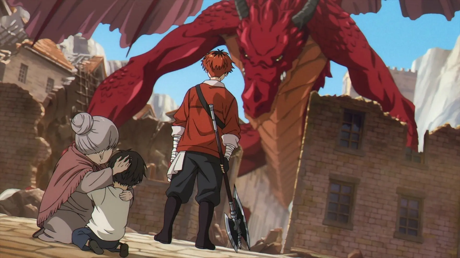 Rồng anime khổng lồ đứng trước tàn tích thành cổ