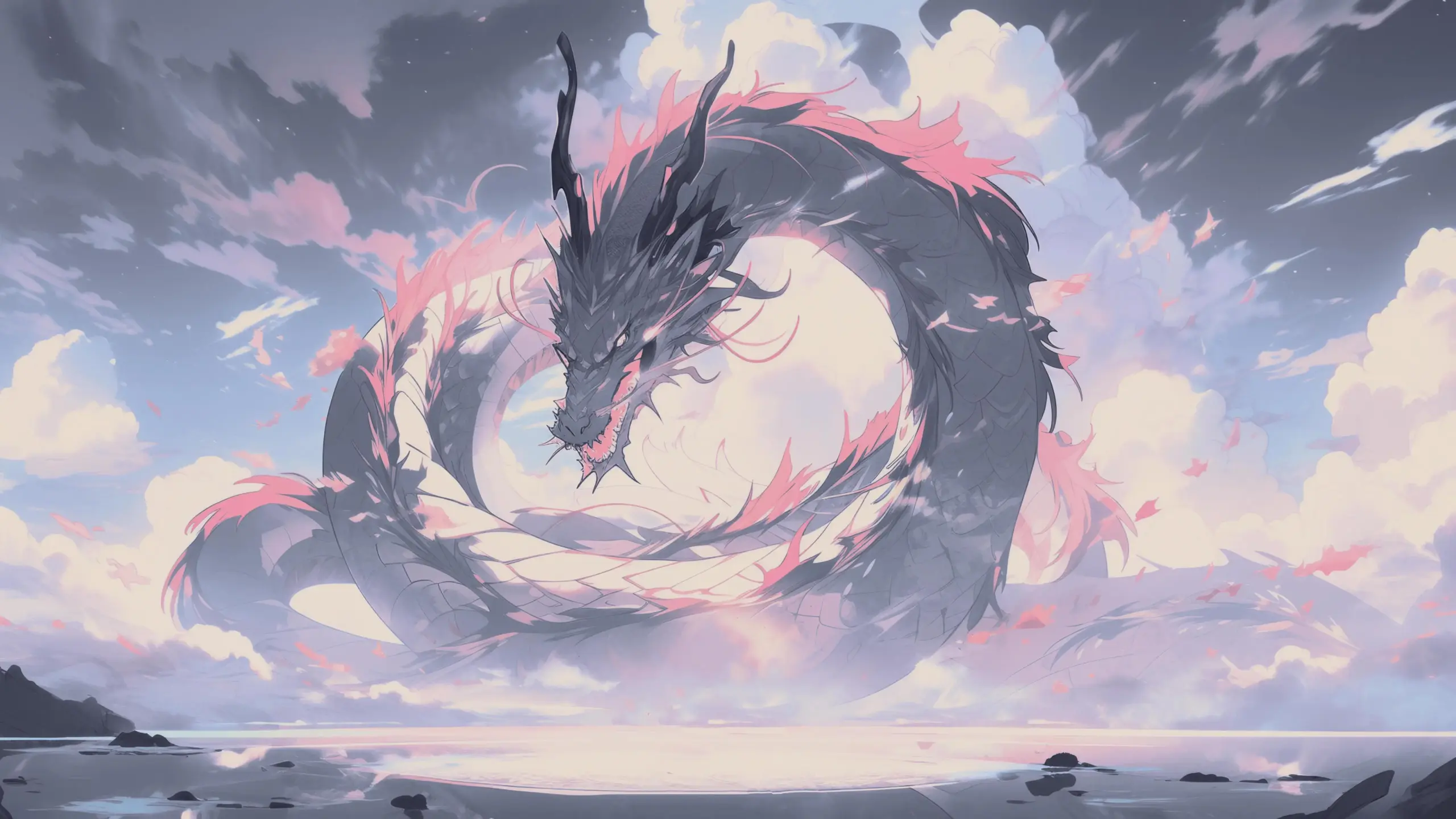 Rồng anime uốn lượn trên bầu trời mộng mị
