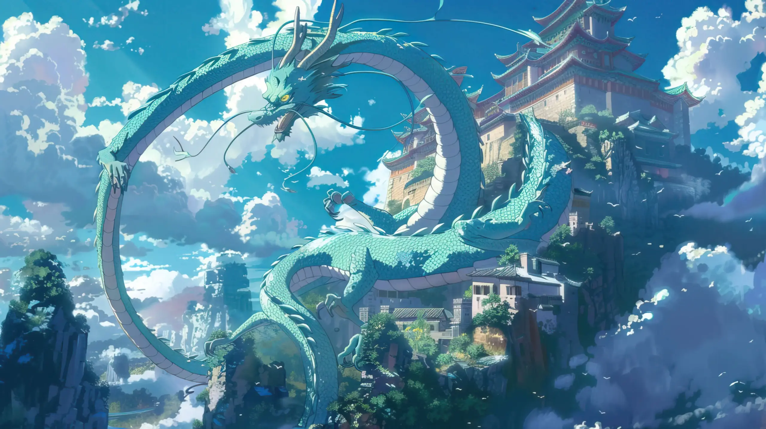 Rồng anime uốn lượn trên mây xanh thắm kiêu hãnh