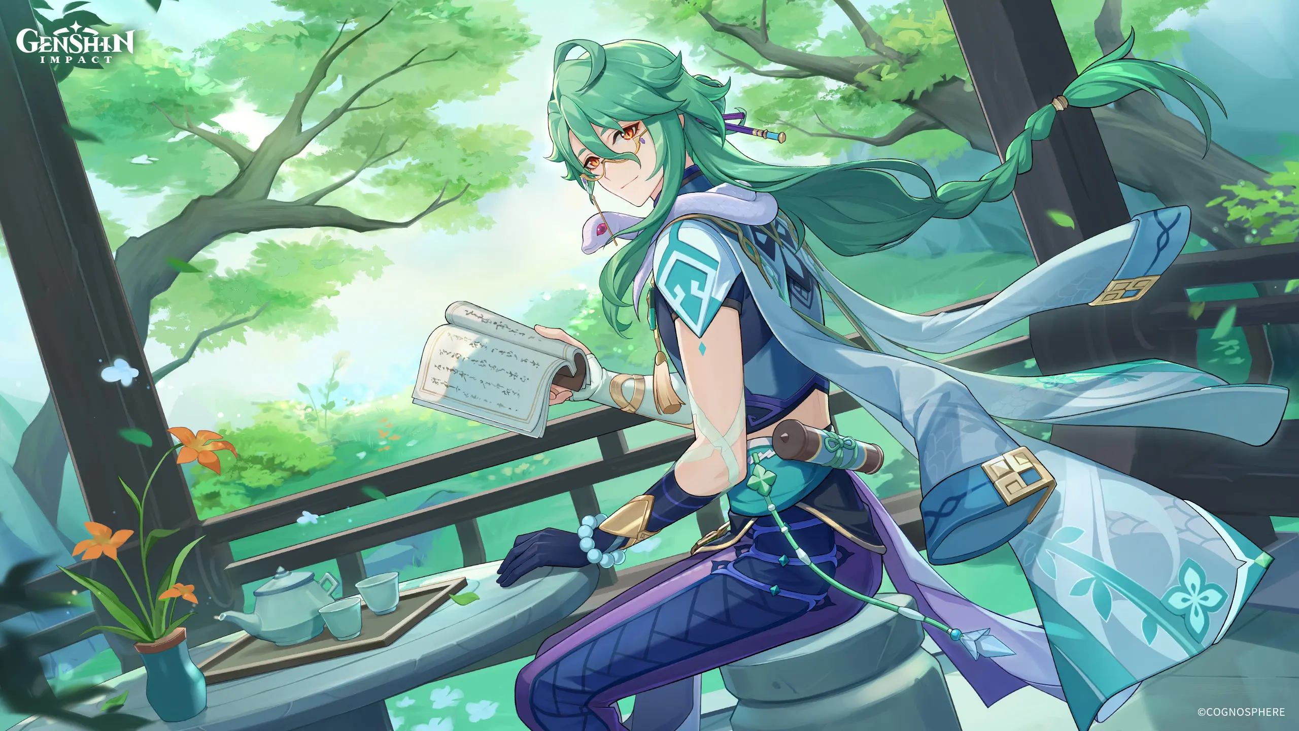 Yelan genshin impact thư giãn đọc sách trong vườn inazuma